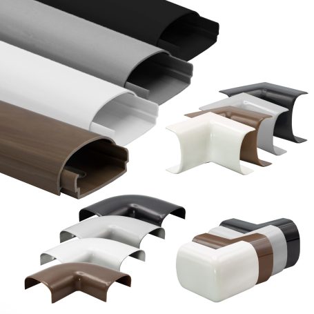 Farbenfrohe Kabelkanäle in verschiedenen Größen und Formen: schwarz, grau, weiß und braun.