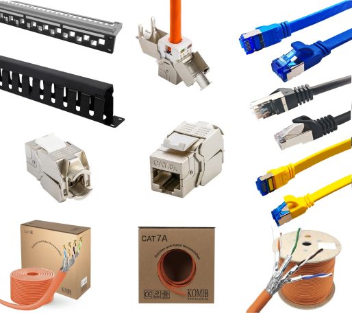 Verschiedene Netzwerkteile, Kabel und Anschlüsse in einem übersichtlichen Layout.