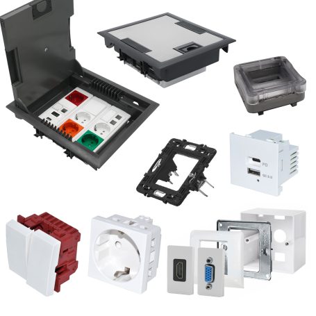 Verschiedene Elektroinstallationsdosen und Steckdosen in unterschiedlichen Designs.